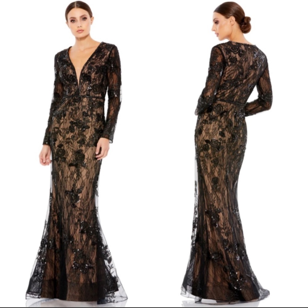 Mac Duggal Embellished Long Sleeve Plunge Neck Trumpet Gown Size 10
